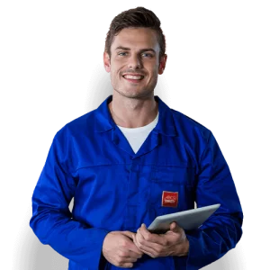 Man in blue Abco overalls with clipboard
